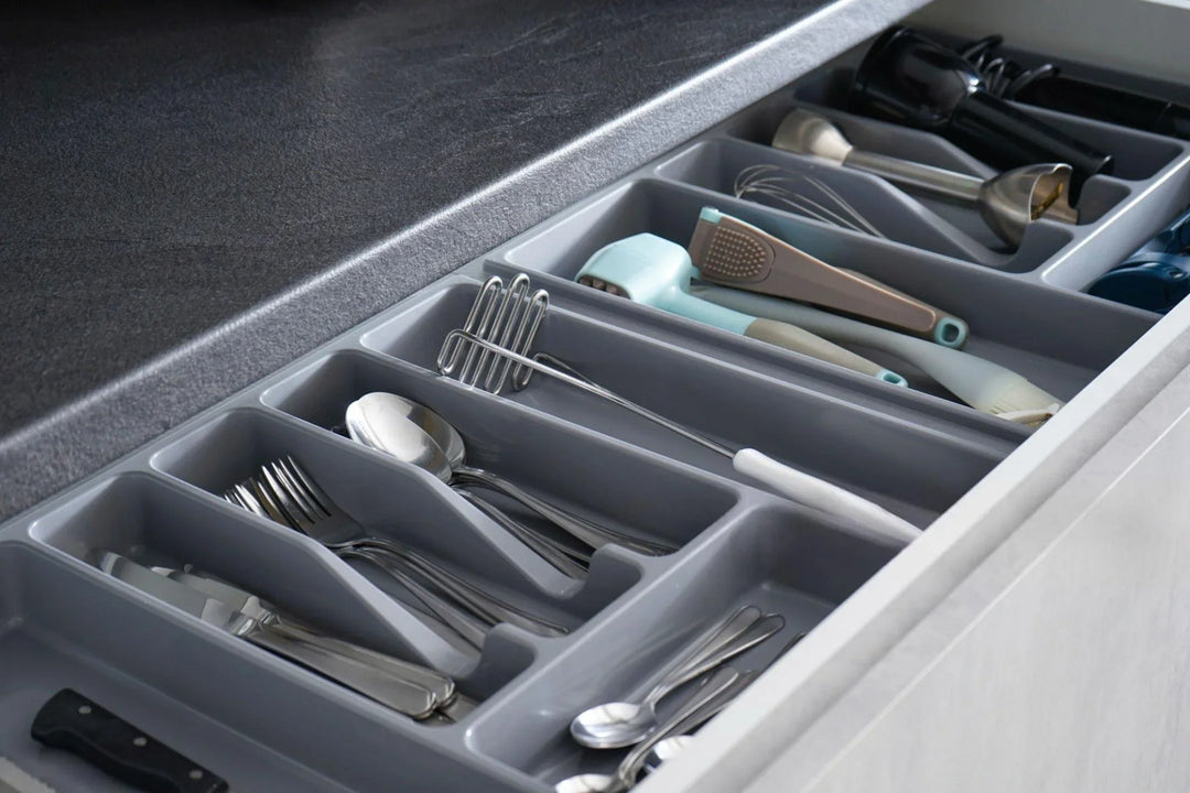 Addis expandable drawer organiser white and grey cutlery tray in kitchen drawer