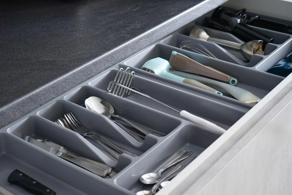 Addis expandable drawer organiser white and grey cutlery tray in kitchen drawer
