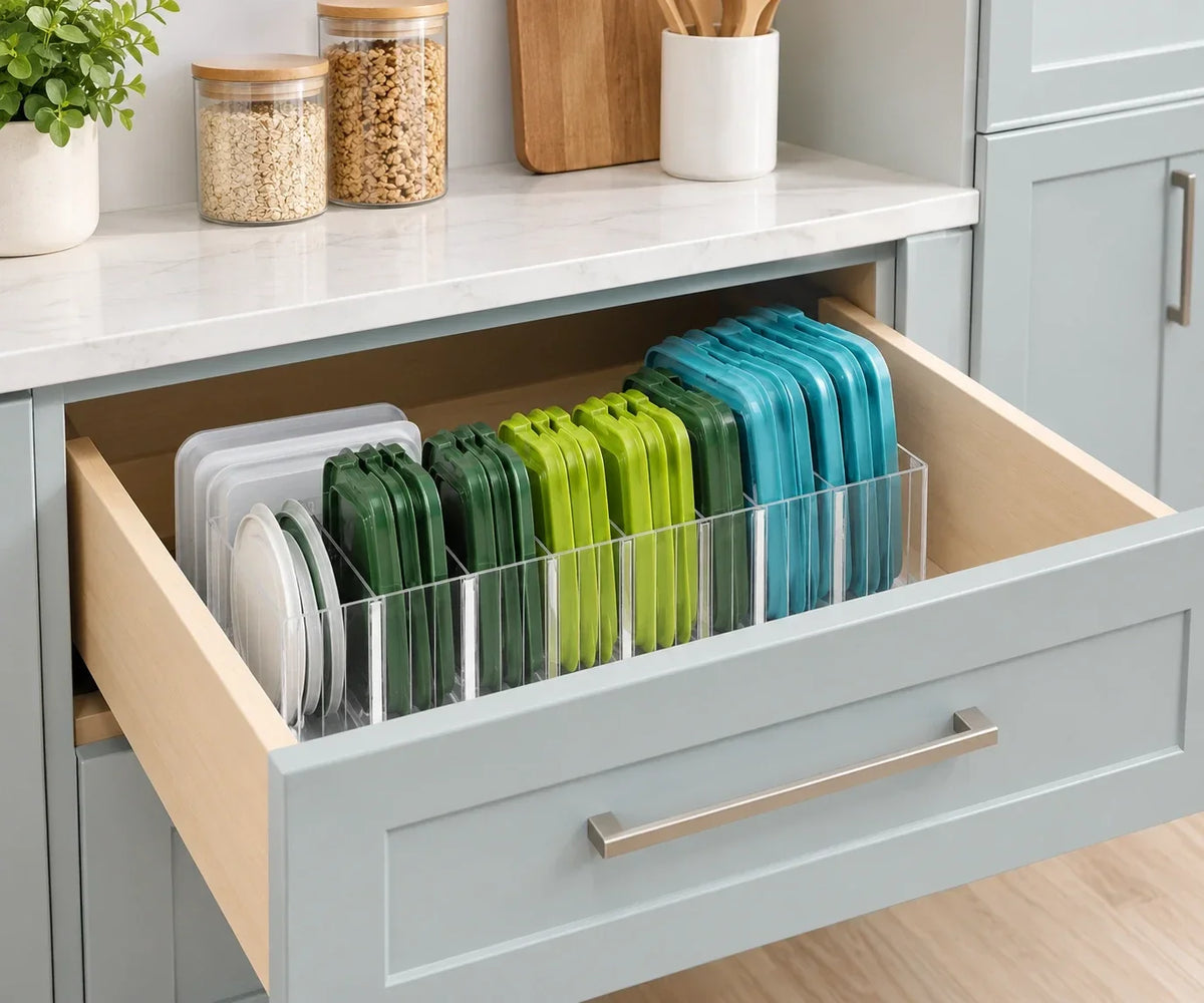 Bawuie clear plastic lid organizer with adjustable dividers holding food storage container lids inside a cabinet