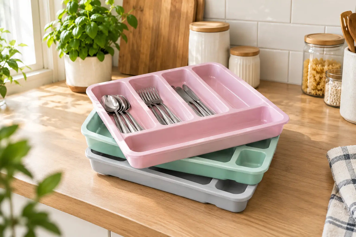 G4GADGET 5 compartment cutlery tray drawer organiser in pastel pink inside an open drawer with spoons, forks, and knives, plus mint green and grey trays on a kitchen countertop