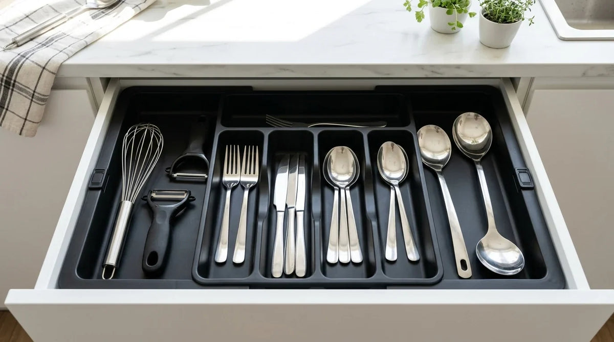 Lifewit extendable cutlery drawer organiser in black holding flatware inside a modern kitchen drawer
