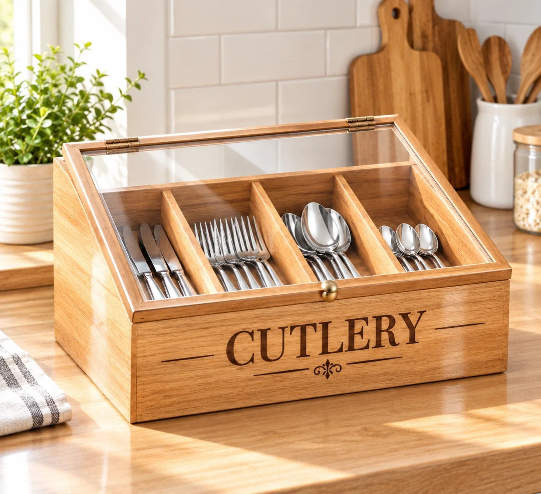 Four separated vertical slots inside the Maison Des Cadeaux cutlery box holding forks and spoons