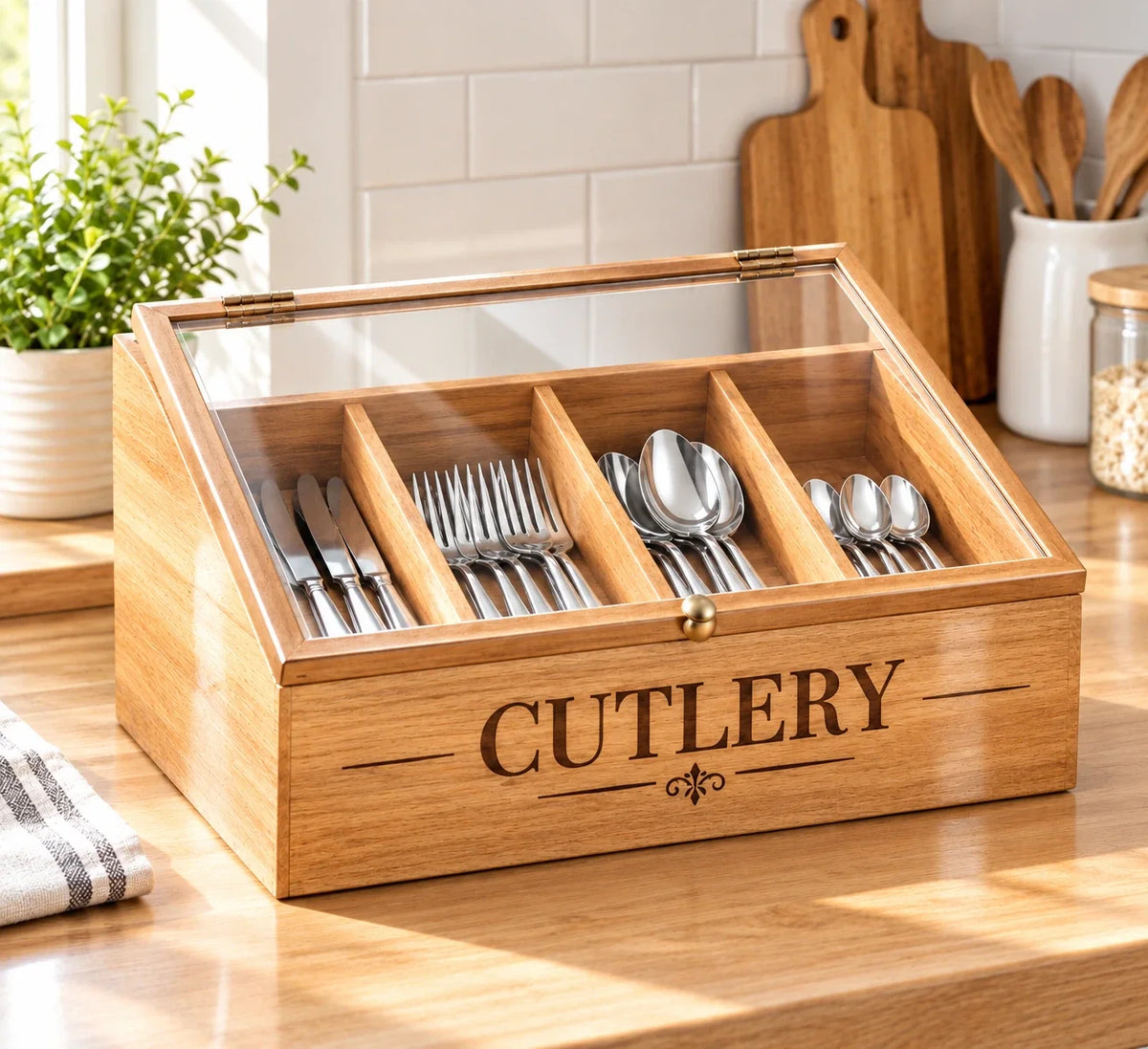 Four separated vertical slots inside the Maison Des Cadeaux cutlery box holding forks and spoons