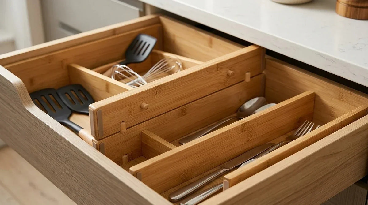 Thomas Grace Homewares bamboo kitchen drawer divider set of 4 installed in a deep kitchen drawer for utensils organization.