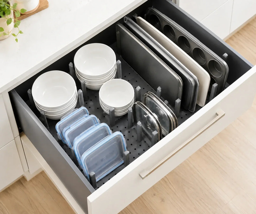 Umbra Peggy dark grey adjustable drawer organizer tray inside a deep kitchen cabinet holding plastic containers