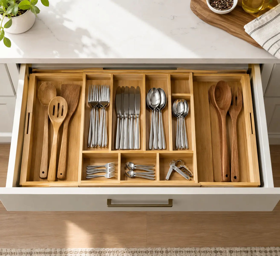 Utoplike extendable bamboo cutlery drawer organiser with 7 compartments holding flatware inside a wooden drawer