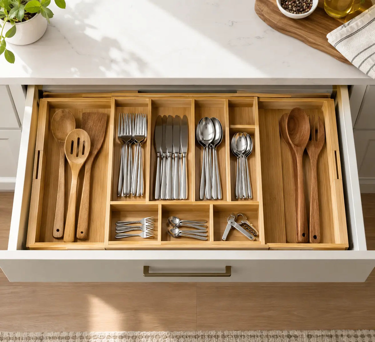 Utoplike extendable bamboo cutlery drawer organiser with 7 compartments holding flatware inside a wooden drawer