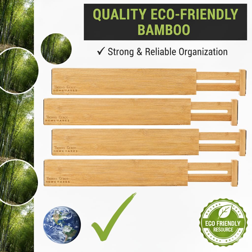 Thomas Grace Homewares Bamboo Kitchen Drawer Divider Organizer Stackable for Deep Drawers. Set-of- 4 Spring Loaded Dividers that are Expandable &amp; Adjustable.