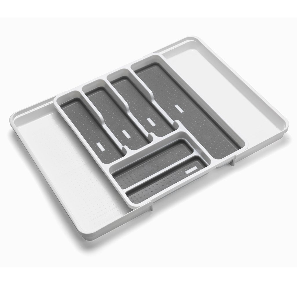 Addis Expandable Drawer Organiser Cutlery Utensil Tray with 6 - 8 Compartment Holders, White/Grey, 34 - 58.5 x 41.5 x 5 cm