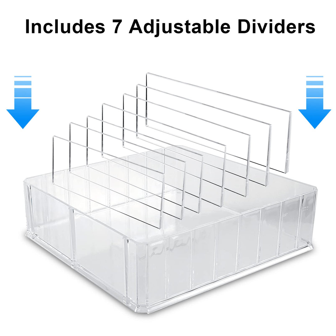 Bawuie Lid Organizer for Food Storage Container, Plastic Lid Holder with 7 Adjustable Dividers for Kitchen Pantry Cabinet and Drawer, Countertop Cupboard Lid Organization, Medium, Clear