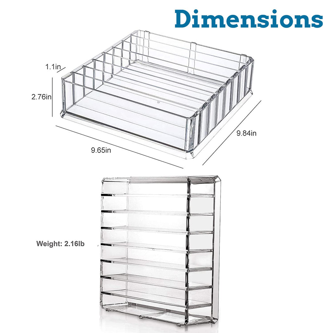 Bawuie Lid Organizer for Food Storage Container, Plastic Lid Holder with 7 Adjustable Dividers for Kitchen Pantry Cabinet and Drawer, Countertop Cupboard Lid Organization, Medium, Clear