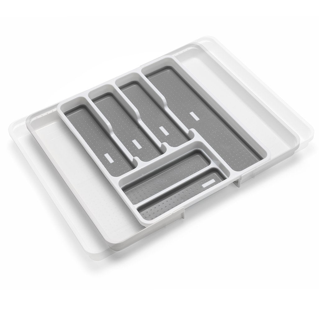 Addis Expandable Drawer Organiser Cutlery Utensil Tray with 6 - 8 Compartment Holders, White/Grey, 34 - 58.5 x 41.5 x 5 cm
