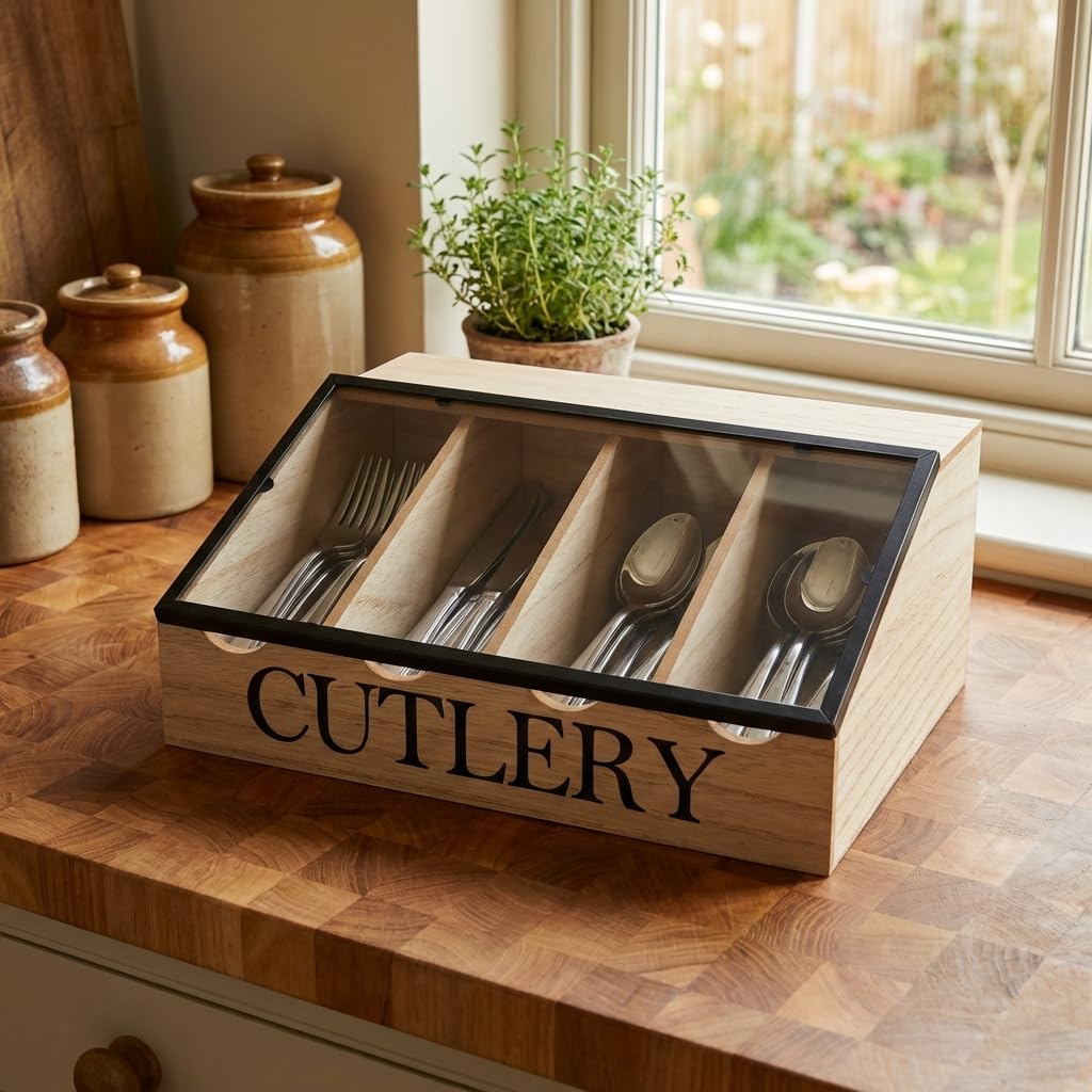 Maison Des Cadeaux Vintage Farmhouse 4-Compartment Utensil Cutlery Caddy for Countertop Dining Table, Wooden Flatware Organizer