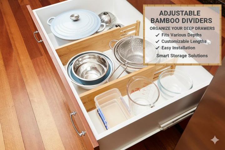 Thomas Grace Homewares Bamboo Kitchen Drawer Divider Organizer Stackable for Deep Drawers. Set-of- 4 Spring Loaded Dividers that are Expandable &amp; Adjustable.