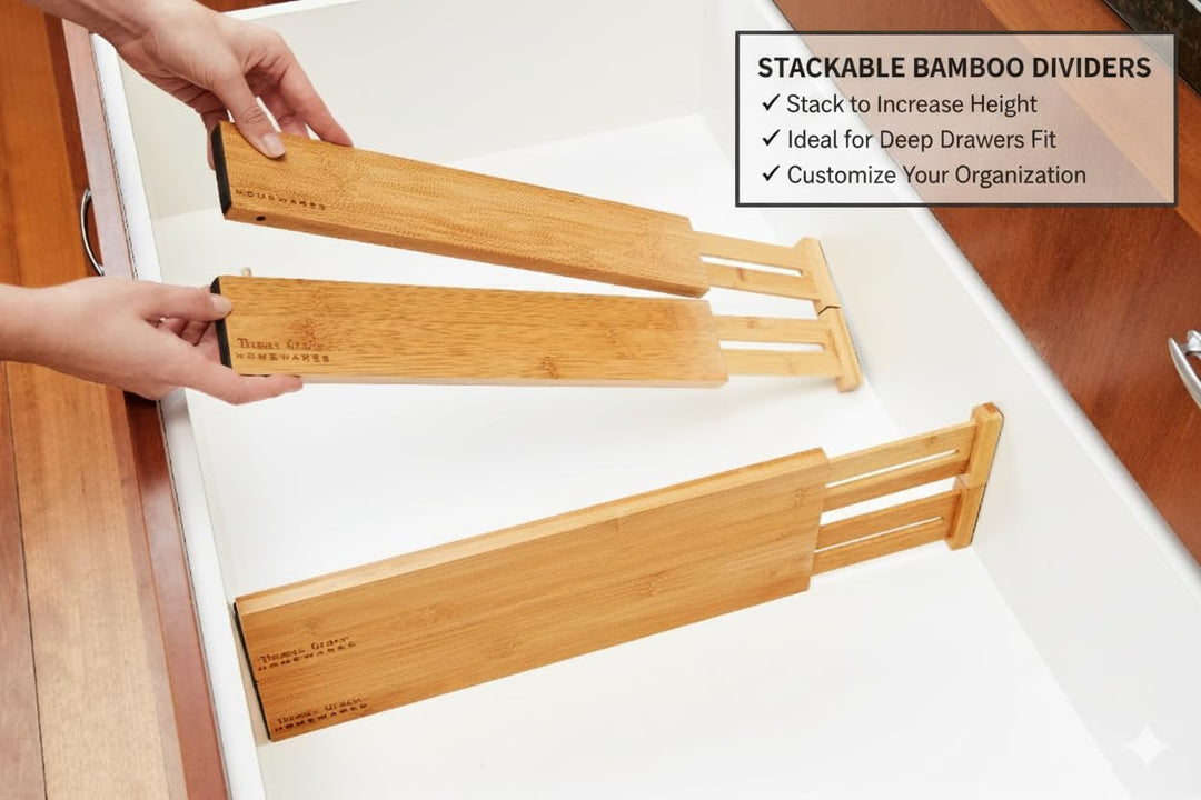 Thomas Grace Homewares Bamboo Kitchen Drawer Divider Organizer Stackable for Deep Drawers. Set-of- 4 Spring Loaded Dividers that are Expandable &amp; Adjustable.