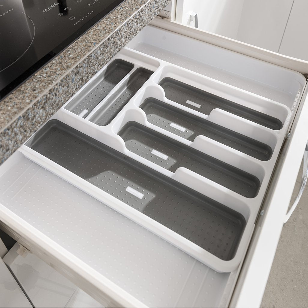 Addis Expandable Drawer Organiser Cutlery Utensil Tray with 6 - 8 Compartment Holders, White/Grey, 34 - 58.5 x 41.5 x 5 cm