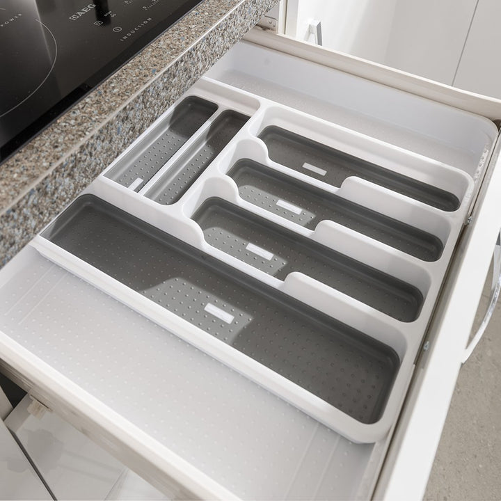 Addis Expandable Drawer Organiser Cutlery Utensil Tray with 6 - 8 Compartment Holders, White/Grey, 34 - 58.5 x 41.5 x 5 cm