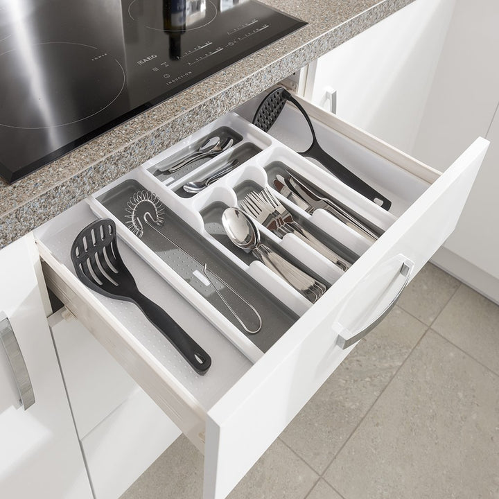 Addis Expandable Drawer Organiser Cutlery Utensil Tray with 6 - 8 Compartment Holders, White/Grey, 34 - 58.5 x 41.5 x 5 cm