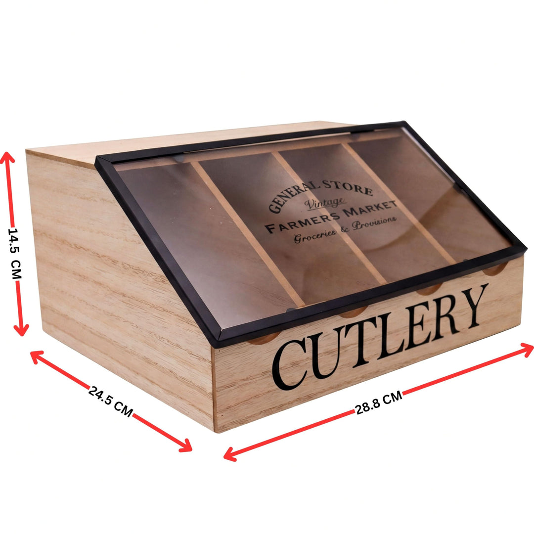 Maison Des Cadeaux Vintage Farmhouse 4-Compartment Utensil Cutlery Caddy for Countertop Dining Table, Wooden Flatware Organizer