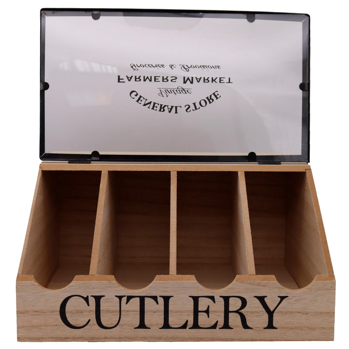 Maison Des Cadeaux Vintage Farmhouse 4-Compartment Utensil Cutlery Caddy for Countertop Dining Table, Wooden Flatware Organizer