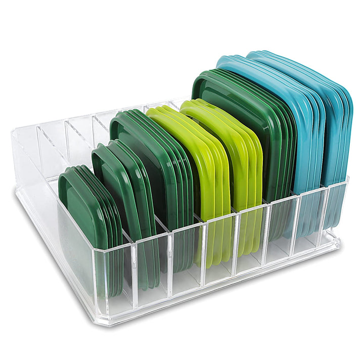Bawuie Lid Organizer for Food Storage Container, Plastic Lid Holder with 7 Adjustable Dividers for Kitchen Pantry Cabinet and Drawer, Countertop Cupboard Lid Organization, Medium, Clear