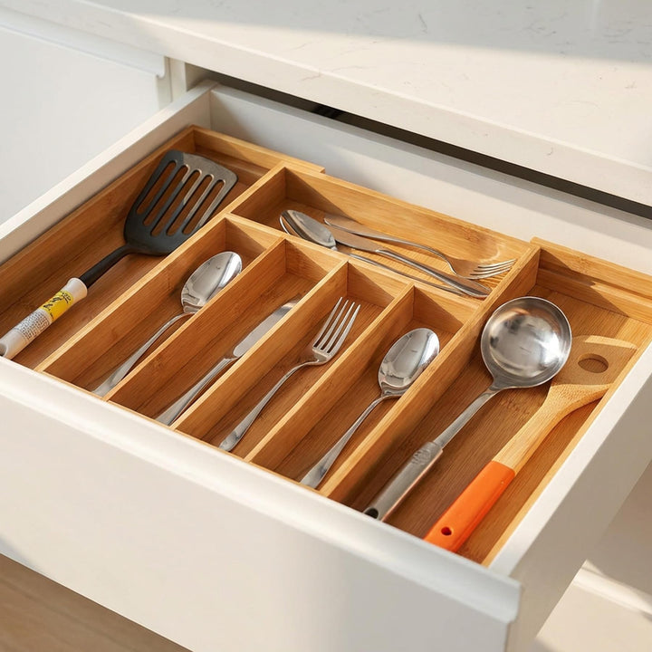 Utoplike Cutlery Drawer Organiser, Extendable Bamboo Cutlery Tray 5-7 Slots