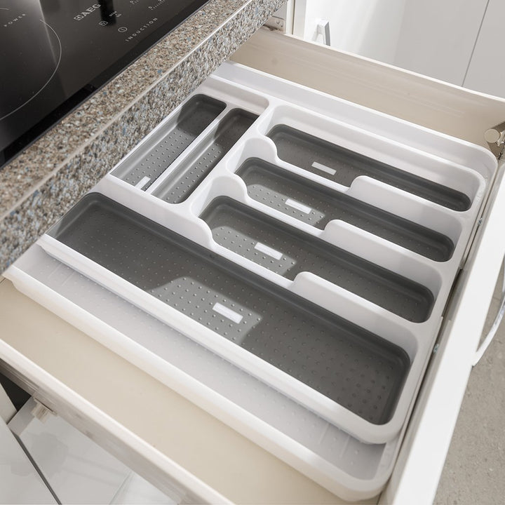 Addis Expandable Drawer Organiser Cutlery Utensil Tray with 6 - 8 Compartment Holders, White/Grey, 34 - 58.5 x 41.5 x 5 cm