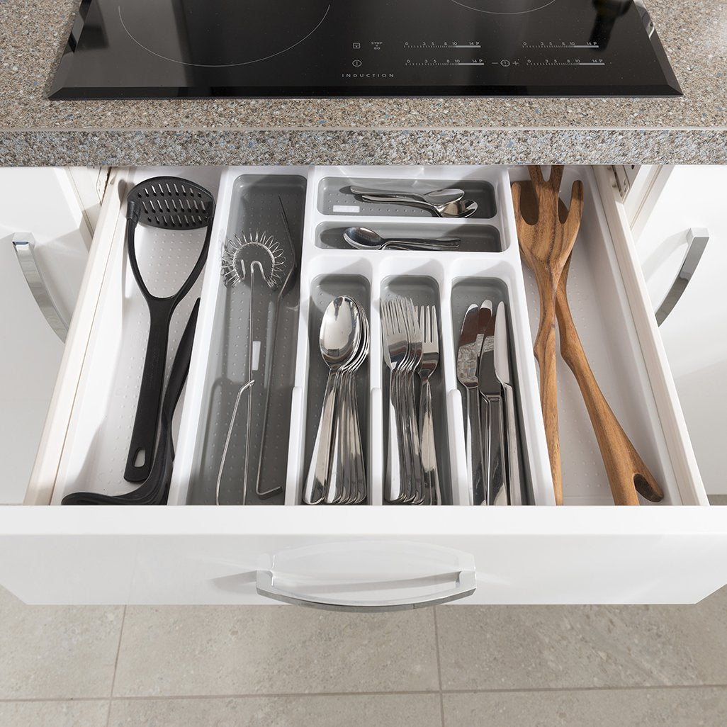 Addis Expandable Drawer Organiser Cutlery Utensil Tray with 6 - 8 Compartment Holders, White/Grey, 34 - 58.5 x 41.5 x 5 cm