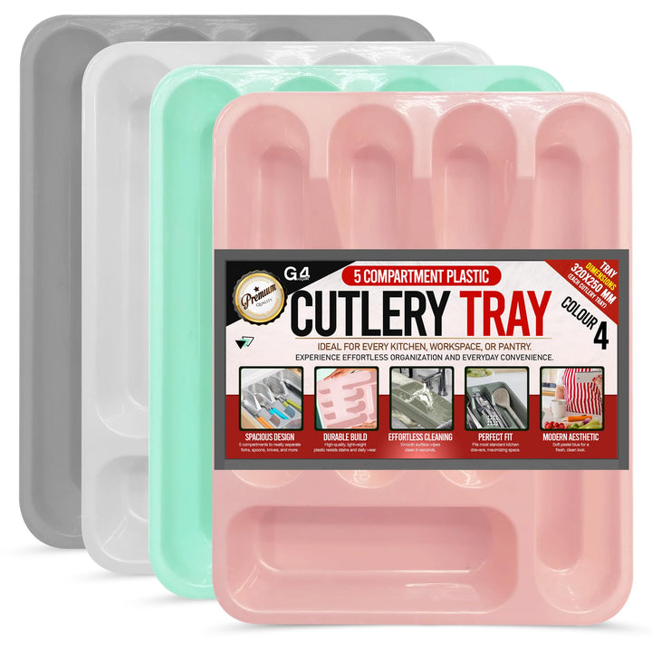G4GADGET 5 Compartment Cutlery Tray Drawer Organiser, Random Colour, Durable Plastic, Non-Slip Utensil Holder for Kitchen Organisation