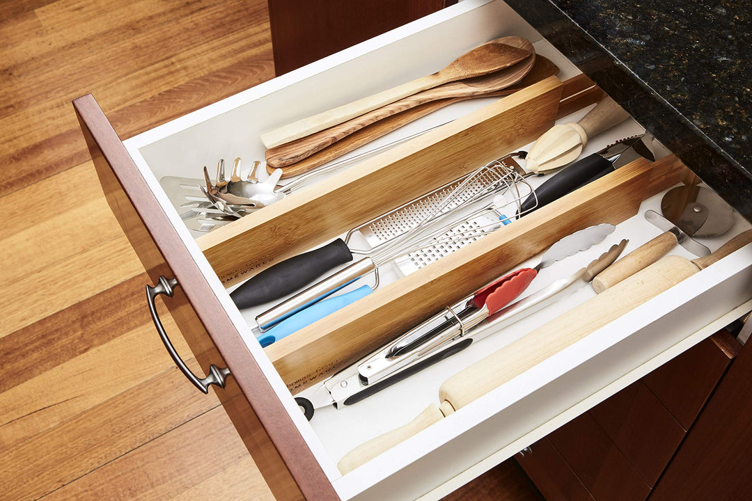 Thomas Grace Homewares Bamboo Kitchen Drawer Divider Organizer Stackable for Deep Drawers. Set-of- 4 Spring Loaded Dividers that are Expandable &amp; Adjustable.