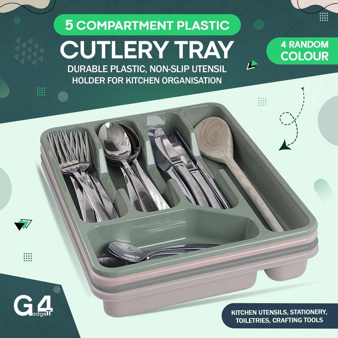 G4GADGET 5 Compartment Cutlery Tray Drawer Organiser, Random Colour, Durable Plastic, Non-Slip Utensil Holder for Kitchen Organisation