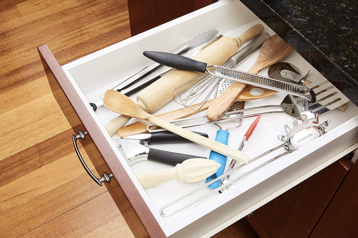 Thomas Grace Homewares Bamboo Kitchen Drawer Divider Organizer Stackable for Deep Drawers. Set-of- 4 Spring Loaded Dividers that are Expandable &amp; Adjustable.