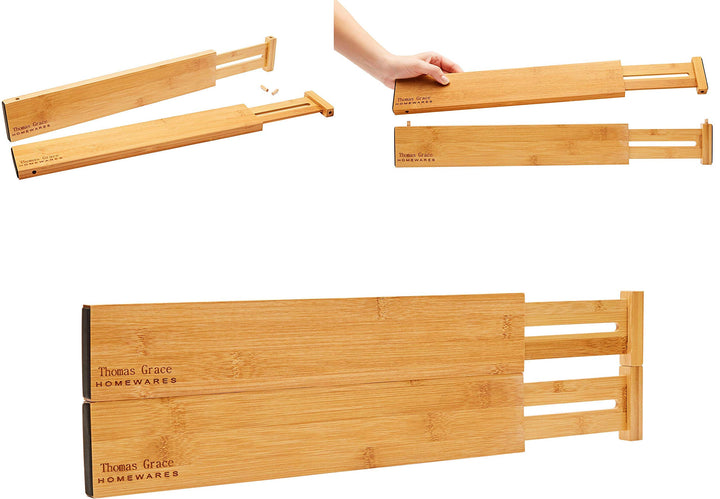 Thomas Grace Homewares Bamboo Kitchen Drawer Divider Organizer Stackable for Deep Drawers. Set-of- 4 Spring Loaded Dividers that are Expandable &amp; Adjustable.