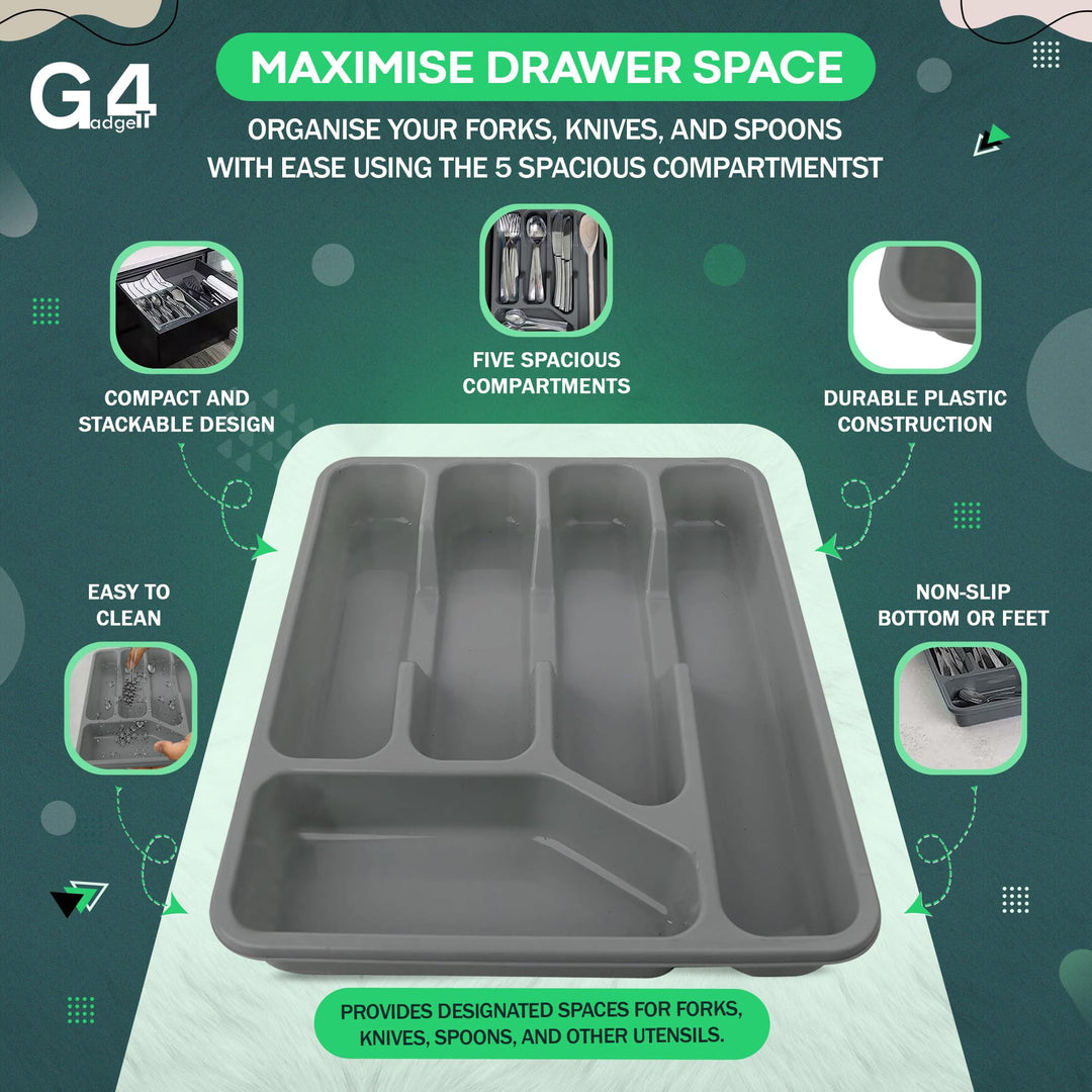 G4GADGET 5 Compartment Cutlery Tray Drawer Organiser, Random Colour, Durable Plastic, Non-Slip Utensil Holder for Kitchen Organisation