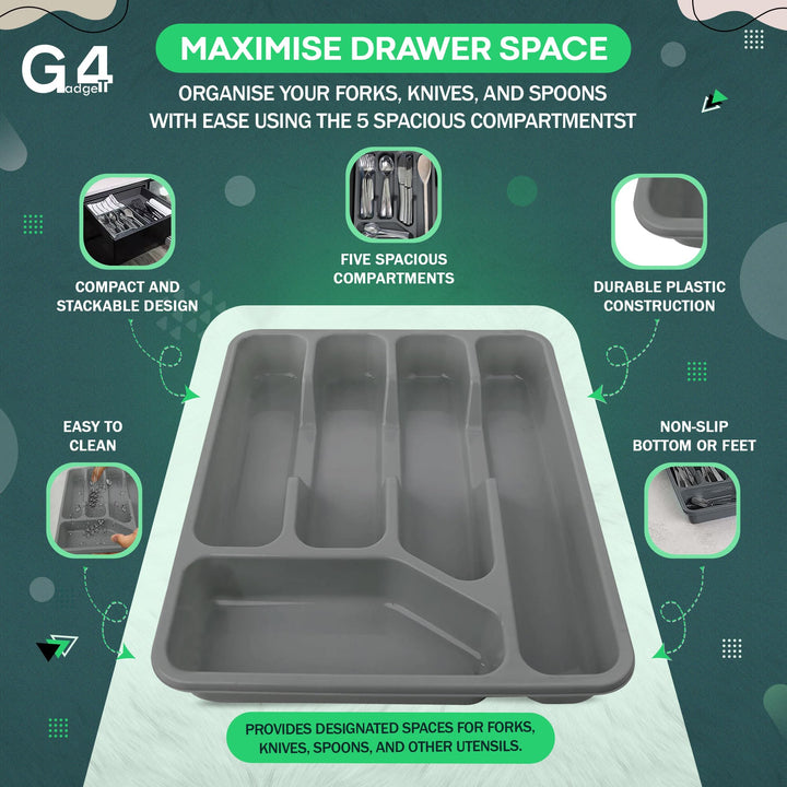 G4GADGET 5 Compartment Cutlery Tray Drawer Organiser, Random Colour, Durable Plastic, Non-Slip Utensil Holder for Kitchen Organisation